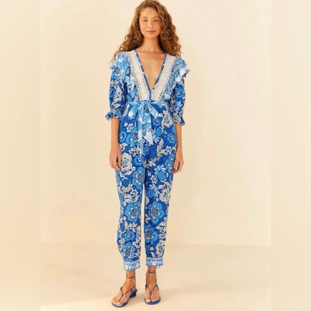 FARM Rio Blue and White Floral Jumpsuit